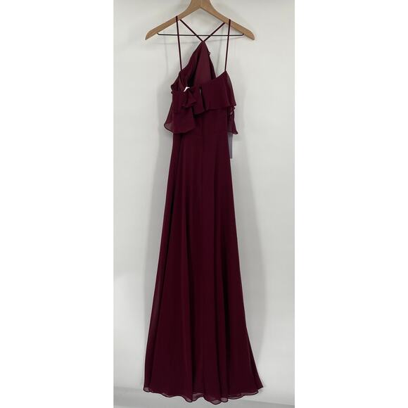 Azazie Ailani Gown Ruffle Off Shoulder Y Neck Halter Maxi Cabernet Red Womens 10 - Picture 4 of 14